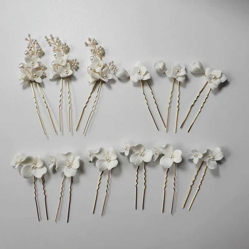 SLBRIDAL Handmade INS Ceramic Flower Crystal Pearls Bridal Hair Pin Set Wedding Hair Sticker Women Hair Jewelry