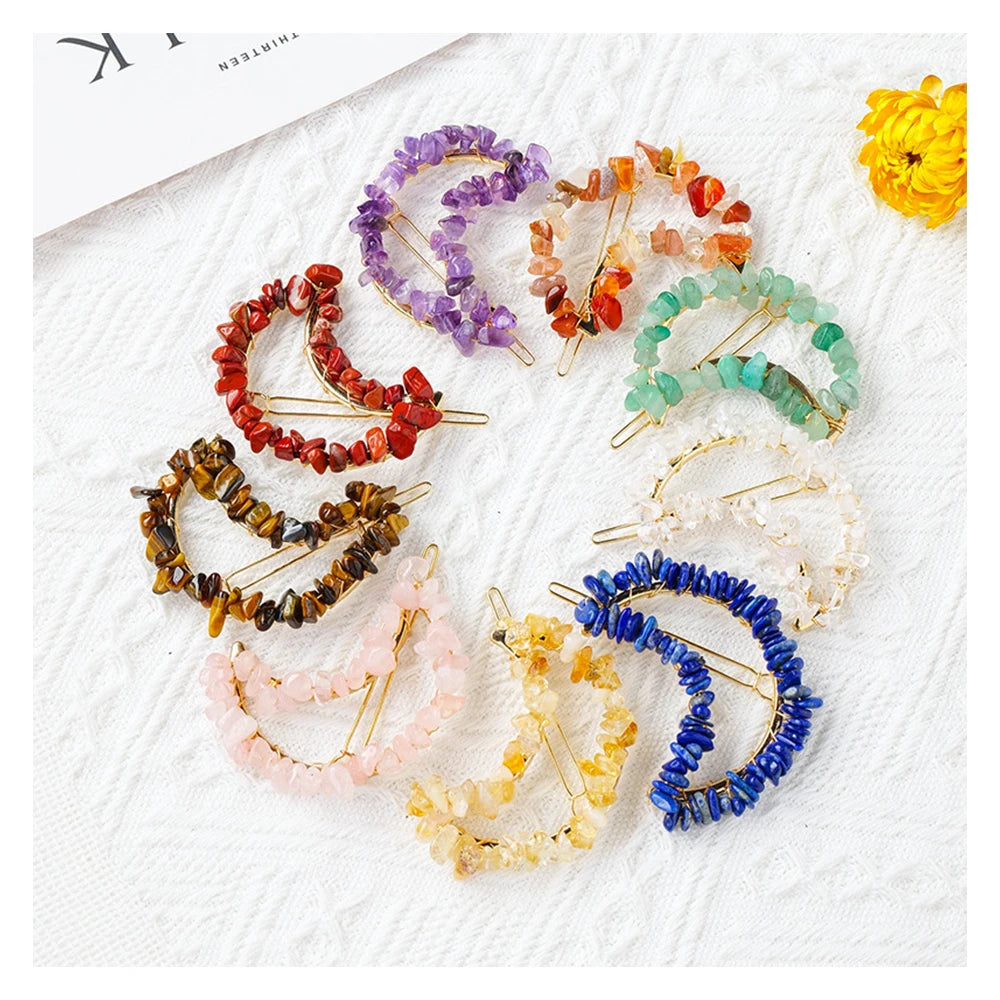 Healing Crystal Quartz Stone Chips Beaded Gold Plated Moon Shape Hair Clips for Women Daily Hair Accessory
