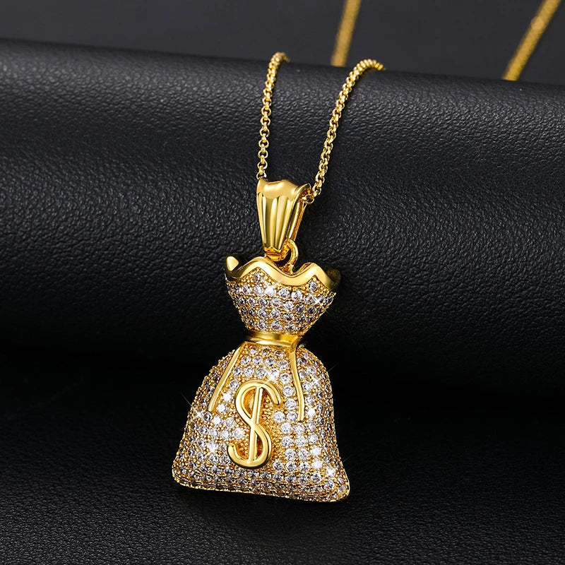 Shining Money Bag With Dollar Sign Charm Pendant 14K Gold Plated 925 Silver VVS Moissanite Diamond Iced Out Pendant Necklace