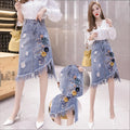 S-3XL Broken Hole Heavy Work Embroidery 3D Flower Denim Skirt Women's Tassel Irregular Skirt Mid Length