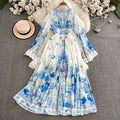 LW0634 Elegant Long Dress Feminine Sense Deep V-Neck Breasted Slimming Long Design Sense Printed Evening Dress