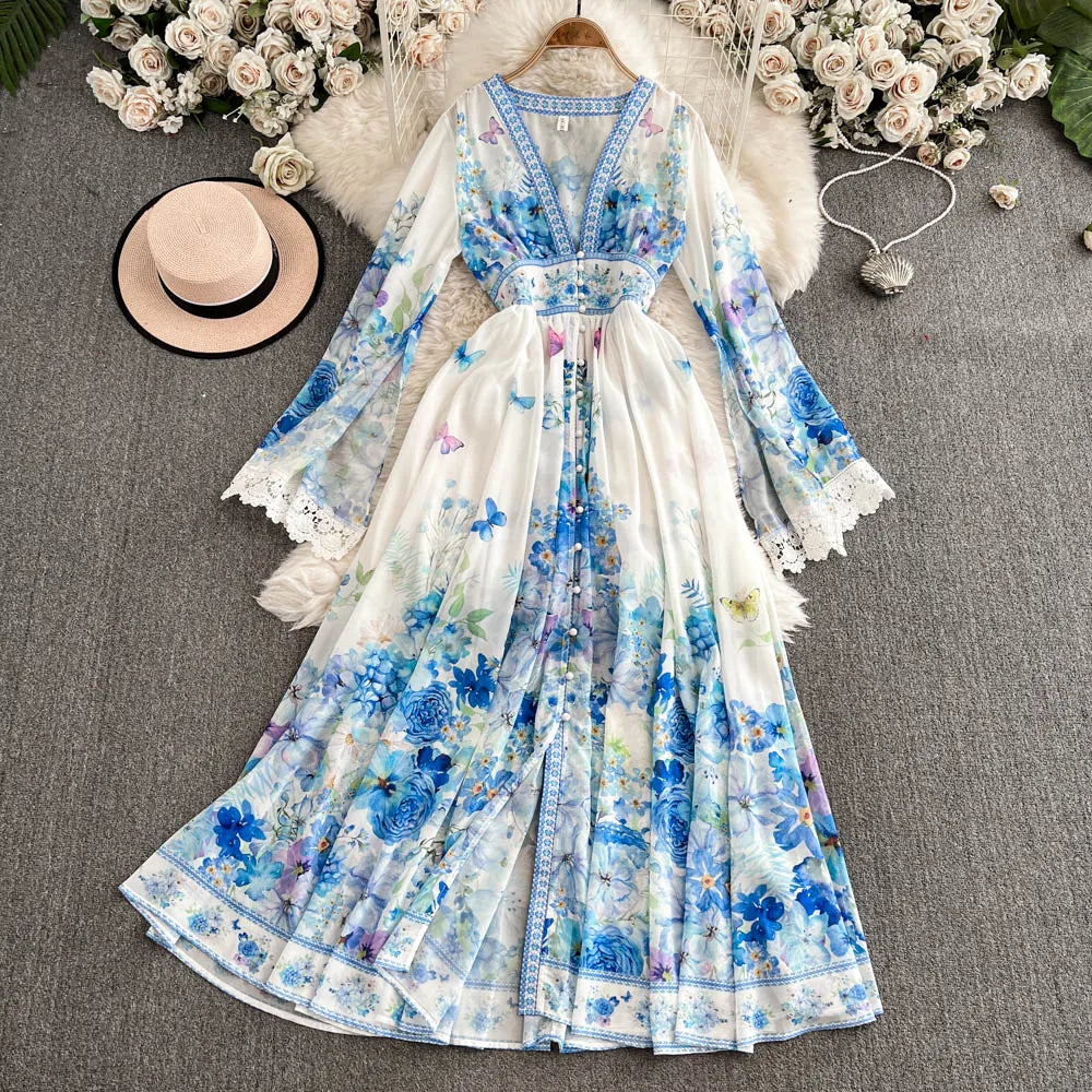LW0634 Elegant Long Dress Feminine Sense Deep V-Neck Breasted Slimming Long Design Sense Printed Evening Dress