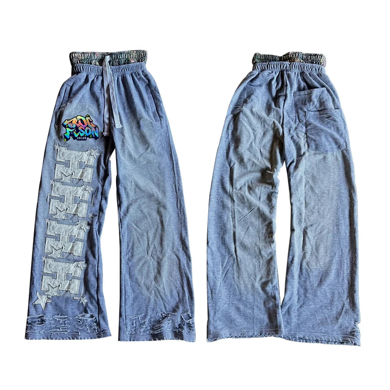 YSJY Manufacturers Streetwear Custom Baggy Flare Wide Leg Sweatpants Acid Wash Double Waist Cotton Heavyweight Sweatpants Men