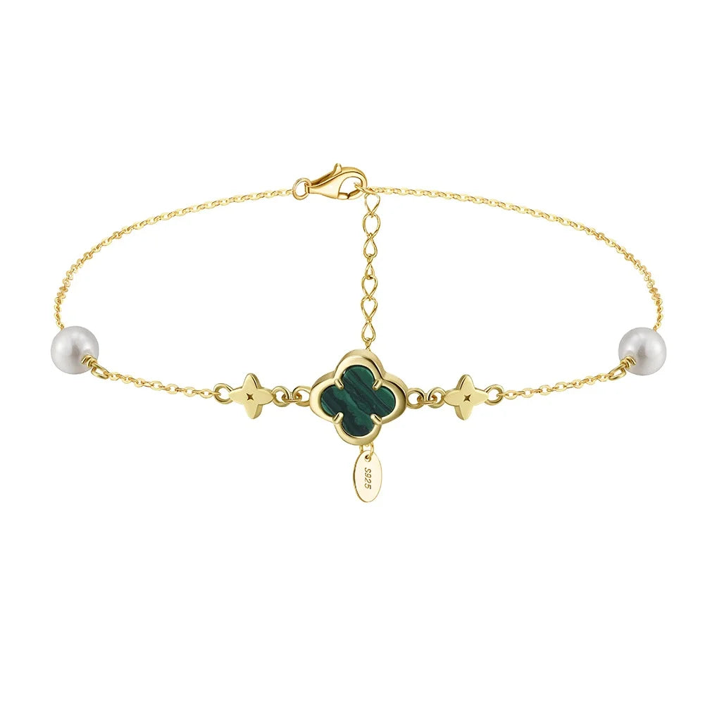 RINNTIN GMA05 Wholesale 925 Sterling Silver Women's Foot Jewelry Adjustable Lucky Four Leaf Clover Malachite Anklets