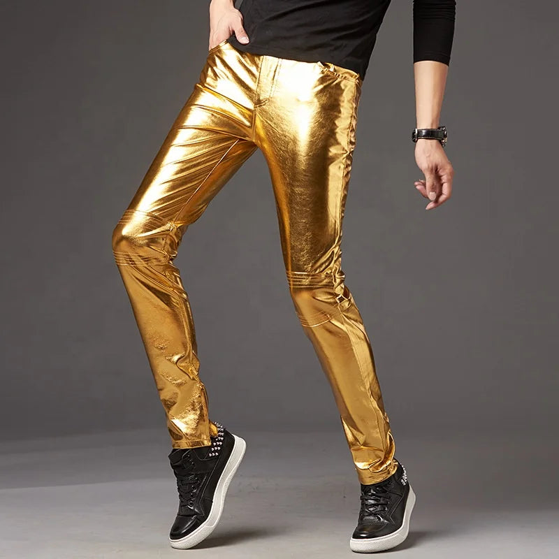 Mens Pants Latex Gold Leggings Shiny Clubwear Nightclub Party Outfits Disco Pants Leather Trousers