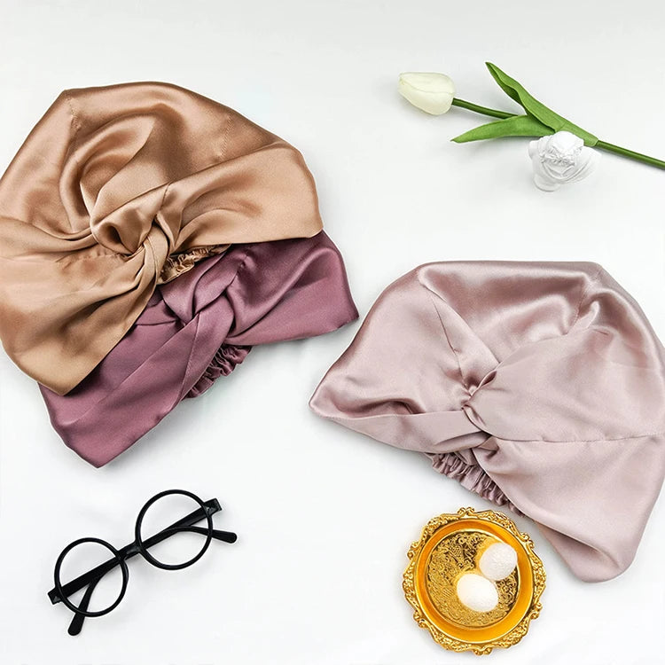 Wholesale Silk Bonnet Knotted Style Custom logo Sleep Silk Hair Bonnet Double Layer 19MM 100% Mulberry Silk Turban