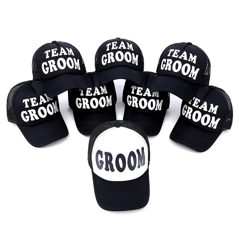 New GROOM & TEAM GROOM Men Wedding Baseball Cap Hat Black With Print Stag Do Party Hats