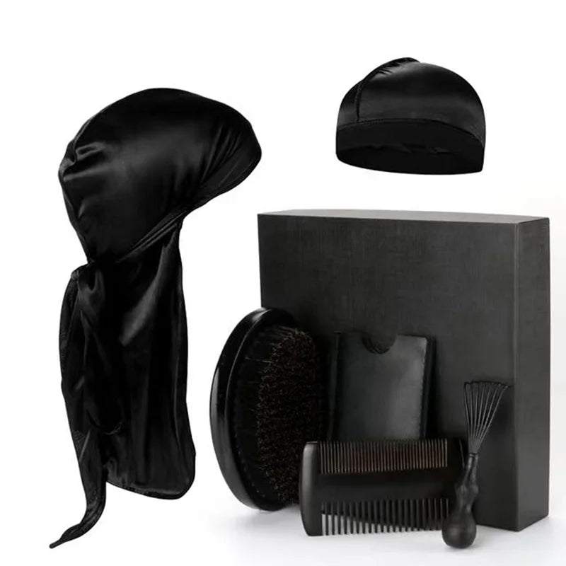 Private Label Classic Wood Foldable Beard Grooming Kit for Black Men with 360 Curved Brush Durags Laser Technology for Home Use