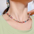 Women's Trendy Square Candy Crystal Beaded Bracelet and Rainbow Necklace Set Stainless Steel Jewelry with Hanging Earrings