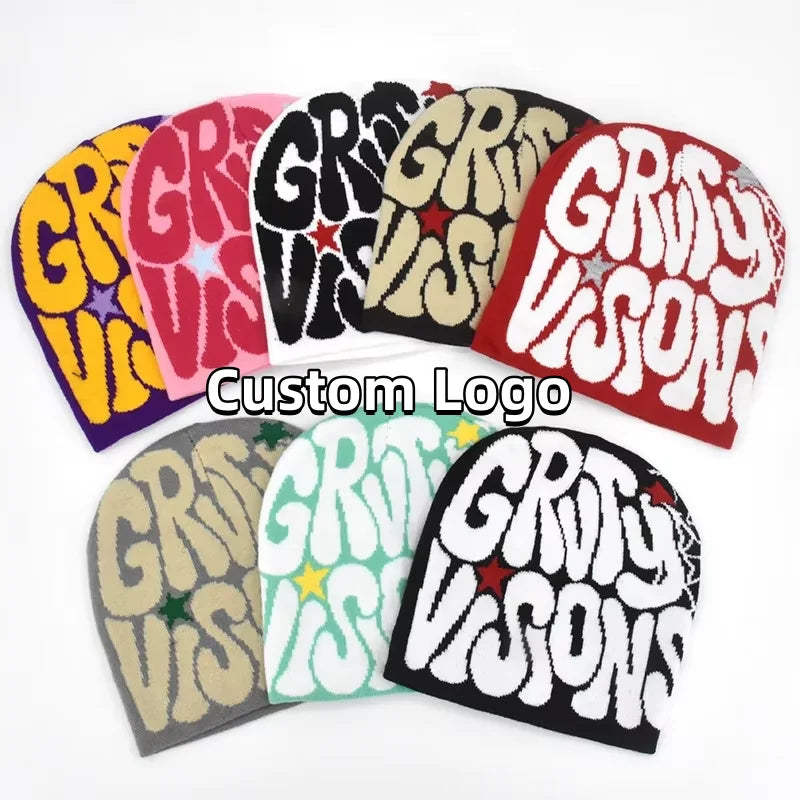 Hip Hop Custom Letter Logo Winter Warm Y2k Spider Web Jacquard Cuffless Acrylic Knitted Hat Beanie