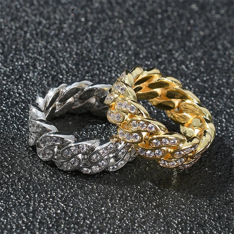 Iced Out Cubic Zirconia Cuban Ring Men Women Gold Plated Miami Cuban Link Chain Ring CZ Diamonds Finger Ring