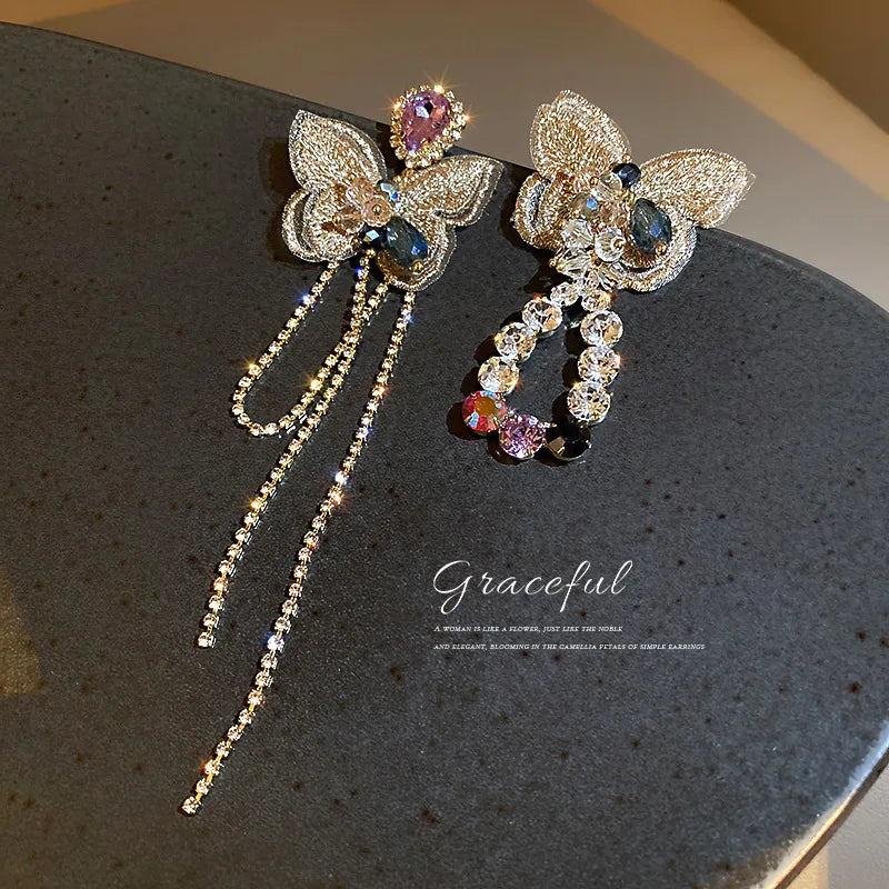 925 Silver Needle Korean Fashion New Asymmetric Diamond Inlaid Crystal Butterfly Earrings Luxury Earrings