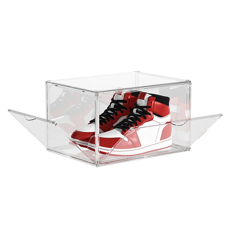 Customized Branded Logo Fully Magnetic Stackable Transparent Sneaker Storage Clear PET Drop Front Shoe Box Rectangle Plastic