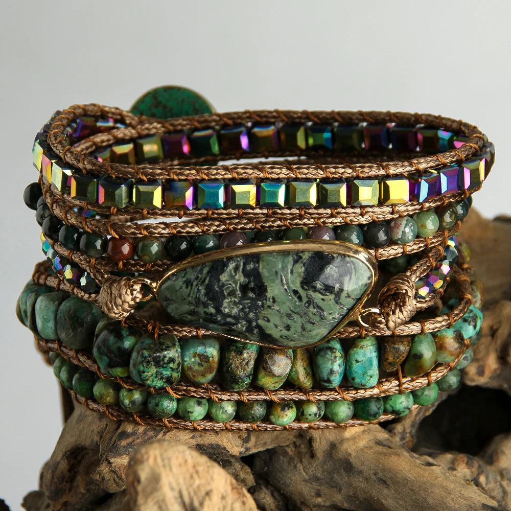 Fashion Boho Bracelet Black Lace Rhodonite African Turquoise Natural Stones Grass Green Charm 5 Strands Woven Wrap Bracelets