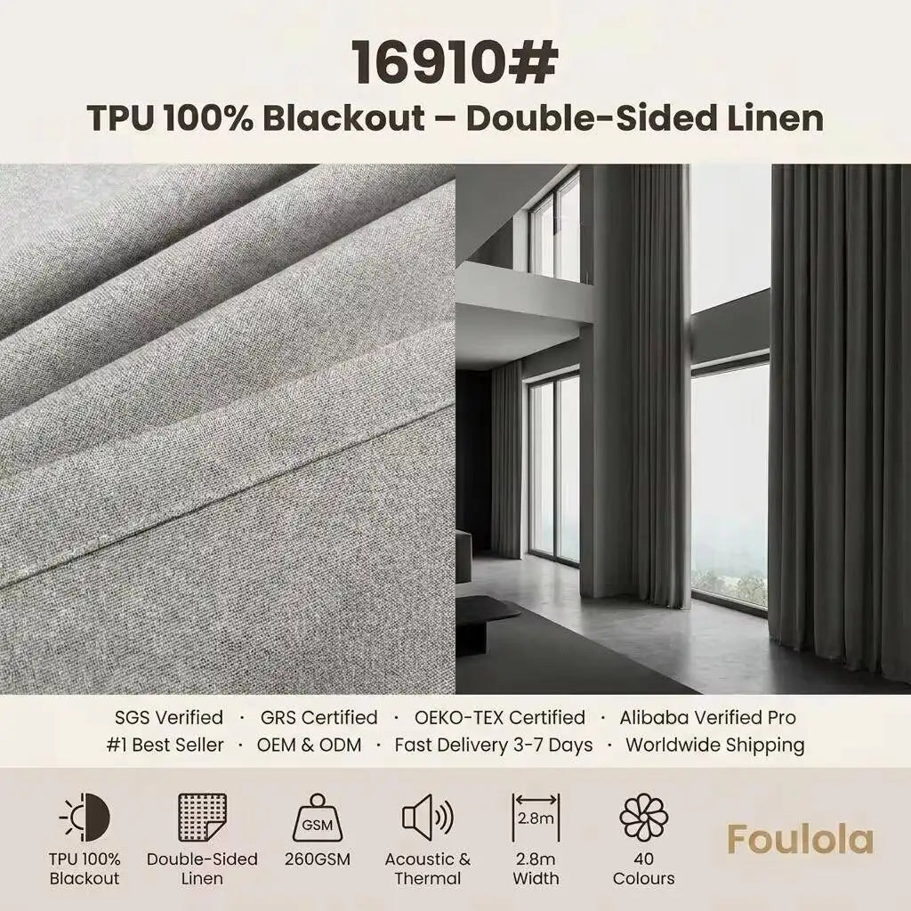 260GSM TPU Laminated 100% Blackout Curtain Fabric Double-Sided Linen Texture Acoustic & Thermal 2.8m Width 40 Colours 16910# MegaBDM