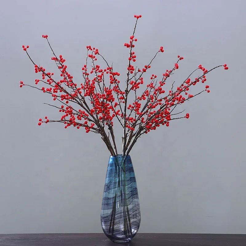 M56 Christmas Ornaments Decoration Supplies Long Stem Christmas Tree Berries Pick Branches Red Fruits Artificial Christmas Berry