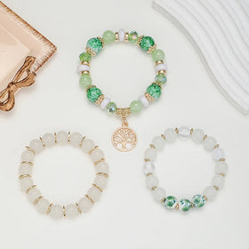 Wholesale Handmade Fashion Cheap Lucky Crystal Colorful Ceramic Ink Painting Beaded Tree of Life Bracelet Stone Bracelet Set