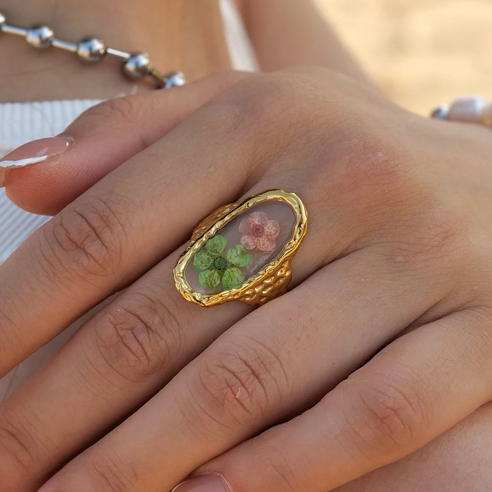 Delicate Jewelry 18K Gold Plated Stainless Steel Oval Shape Real Colorful Eternal Plum Flower Ring for Girls
