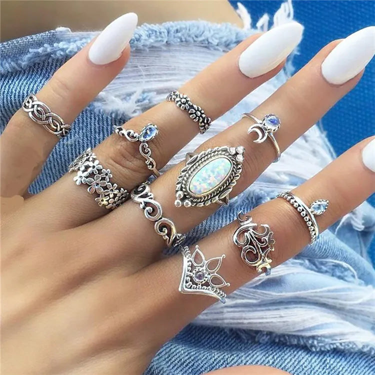 Wholesale Fashion Jewelry Opal Ring Flower Water Drop Crescent Diamond 10 Piece Joint Ring Set