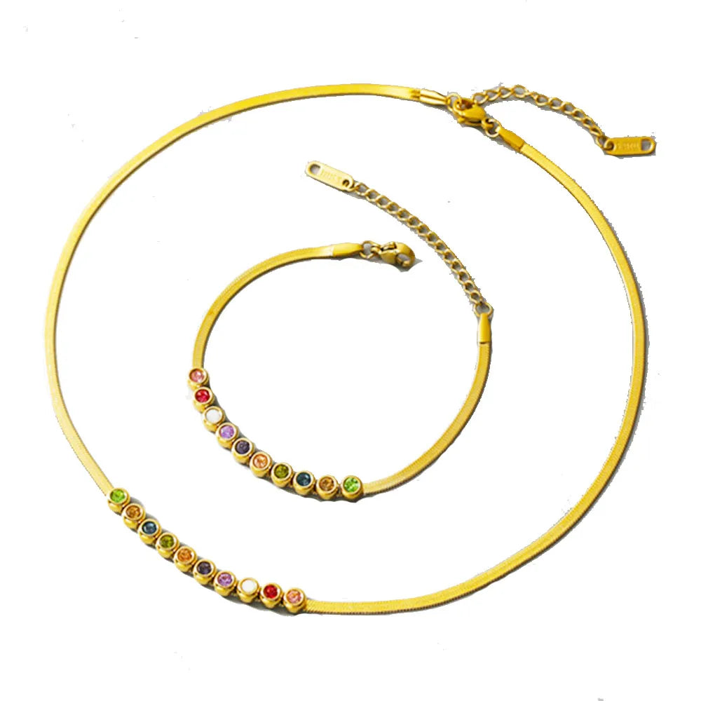 Stainless Steel Snake Bone Chain with  Zircon Stone Beads Charms Chain Necklace Bracelet Anklet Available for Women Jewelry