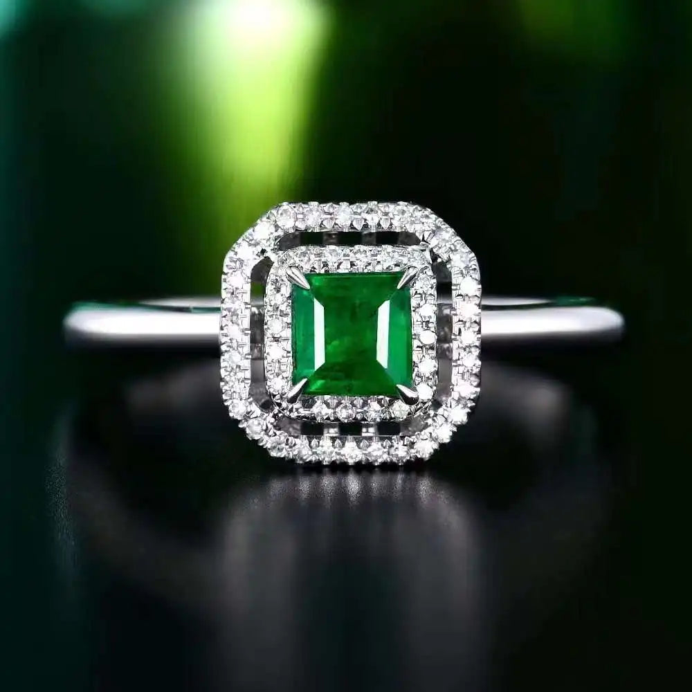 SGARIT Jewelry Vintage Emerald Ring 18K White Gold 0.38CT Natural Green Emerald Ring Solid Gold Emerald Wedding Ring for Women