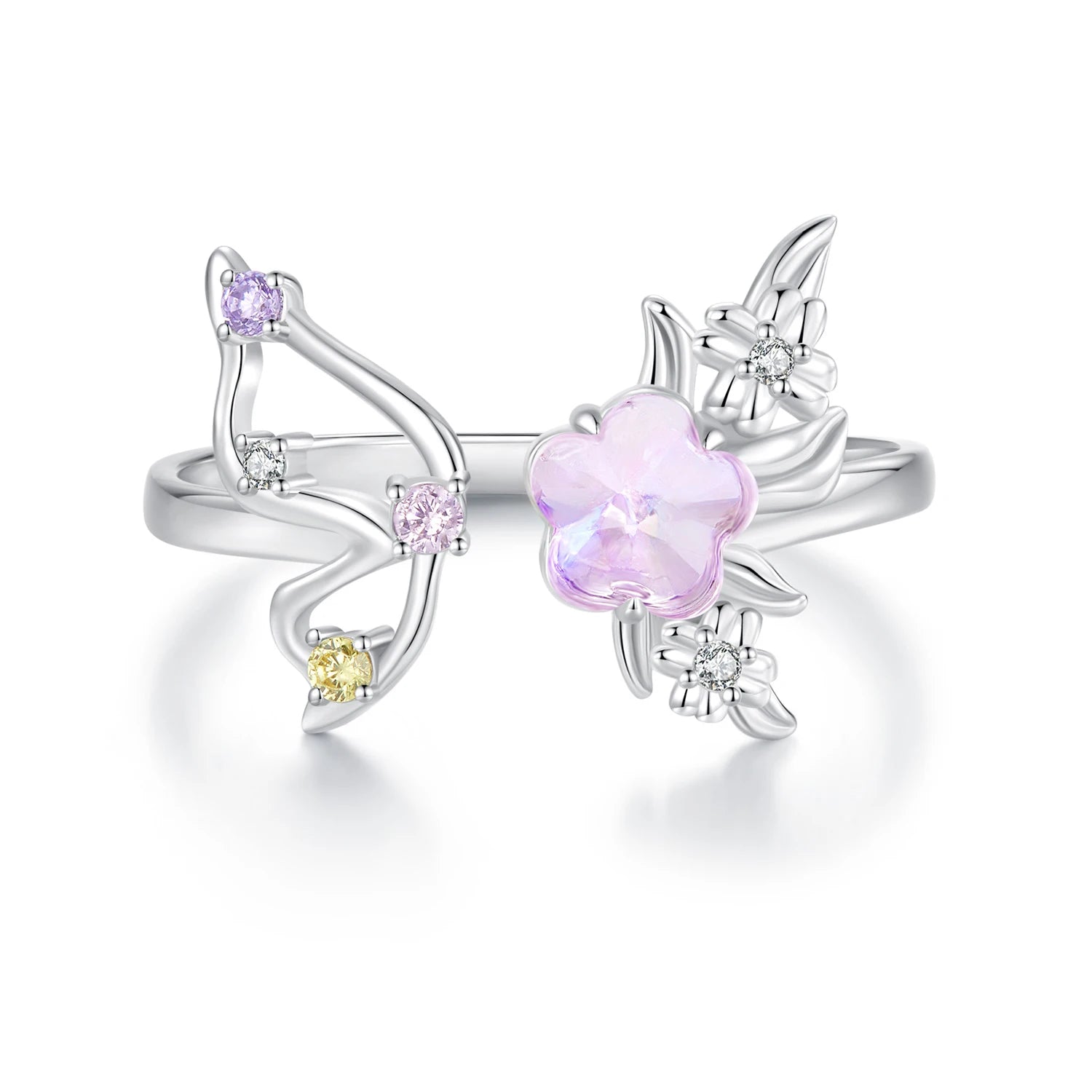 925 Sterling Silver Sweet Pink Flower Opening Ring Zircon Butterfly Adjustable Ring for Women Romantic Birthday Gift SCR1011-E