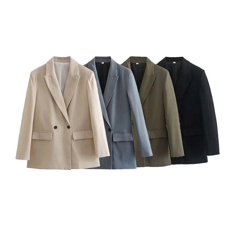 ZATRHMBM Women's 2024 New Fashion 4 Color Blazer Retro Double Breasted Long Sleeve Blazer