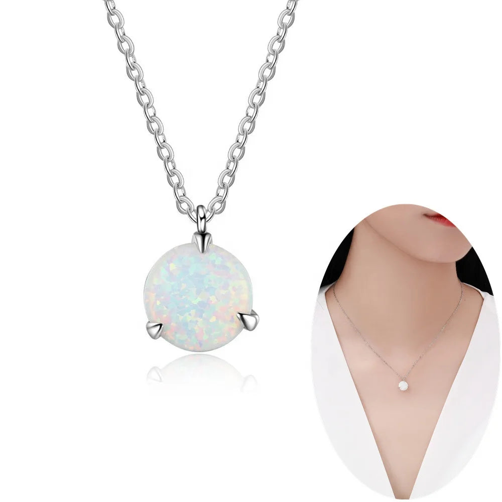 Wholesale NEW Elegant 18 Inches 925 Silver Round 8mm White Opal Necklace Pendant Cable Chain Clavicle Necklaces Woman Lady Gifts