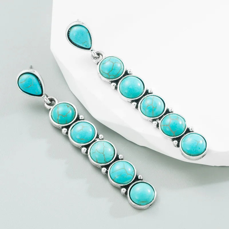 2024 Bohemian Western Party Jewelry Vintage Cowgirl Long Turquoise Drop Earrings for Gift