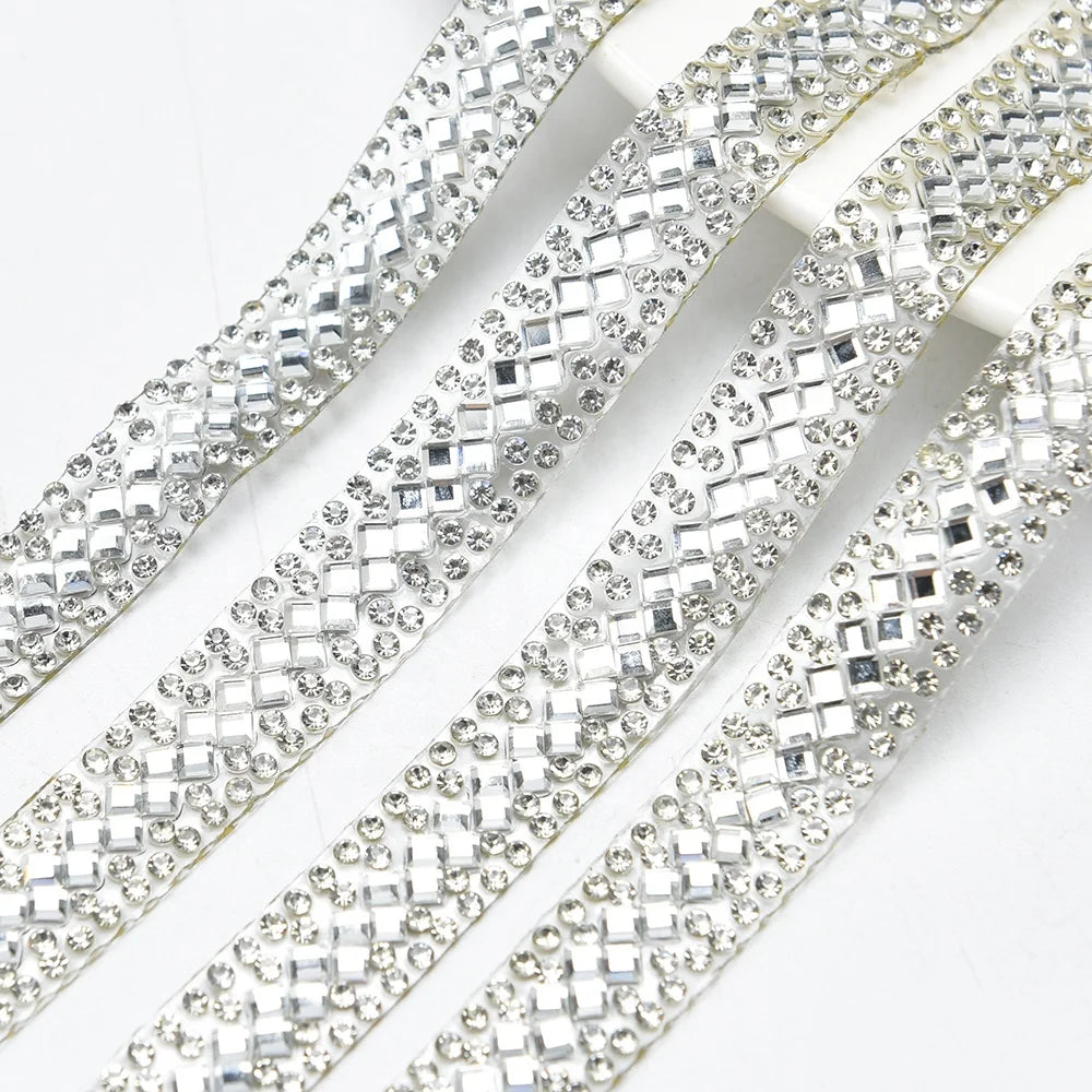 1.2cm Hot Fix Strass Clear Square Round Glass Crystal Tape Banding Applique Iron on Glitter Rhinestone Trim DIY Wedding Clothes