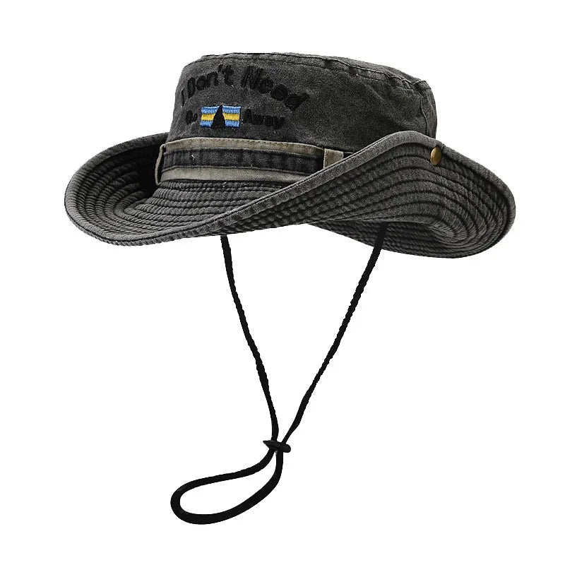 Retro Foldable Outdoor Letter Embroidered Denim Hat for Women Men Camping Western Style Washed Wide Brim Bucket Hats