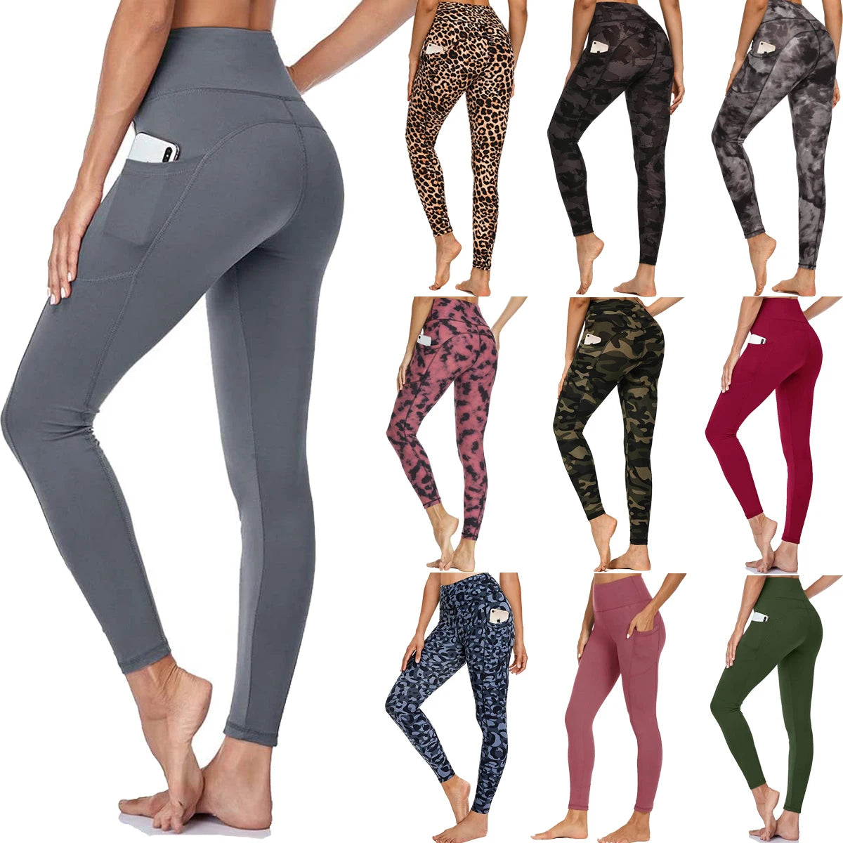 Wholesale Custom Women's High Elastic Waist Gym Workout Fitness Leggings Non-See Yoga Pants Pockets Printed Four-Way Stretch