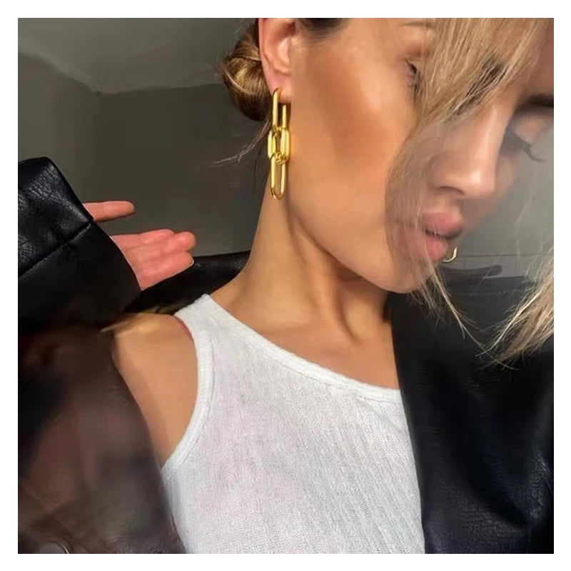 Hypoallergenic Non Tarnish Stainless Steel 18k Gold Plated Piercing Double Chain Link Earrings for Women