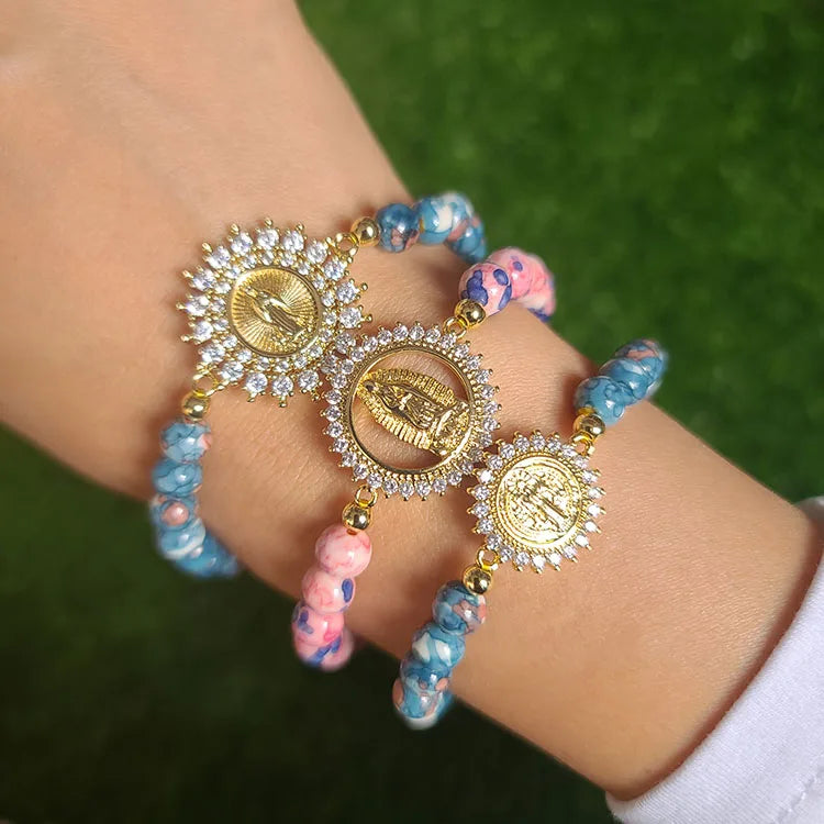 BN2048 Fashion Rain Flower Stone Beaded CZ Paved Our Lady of Guadalupe Virgin Mary Bracelets Protection Amulet