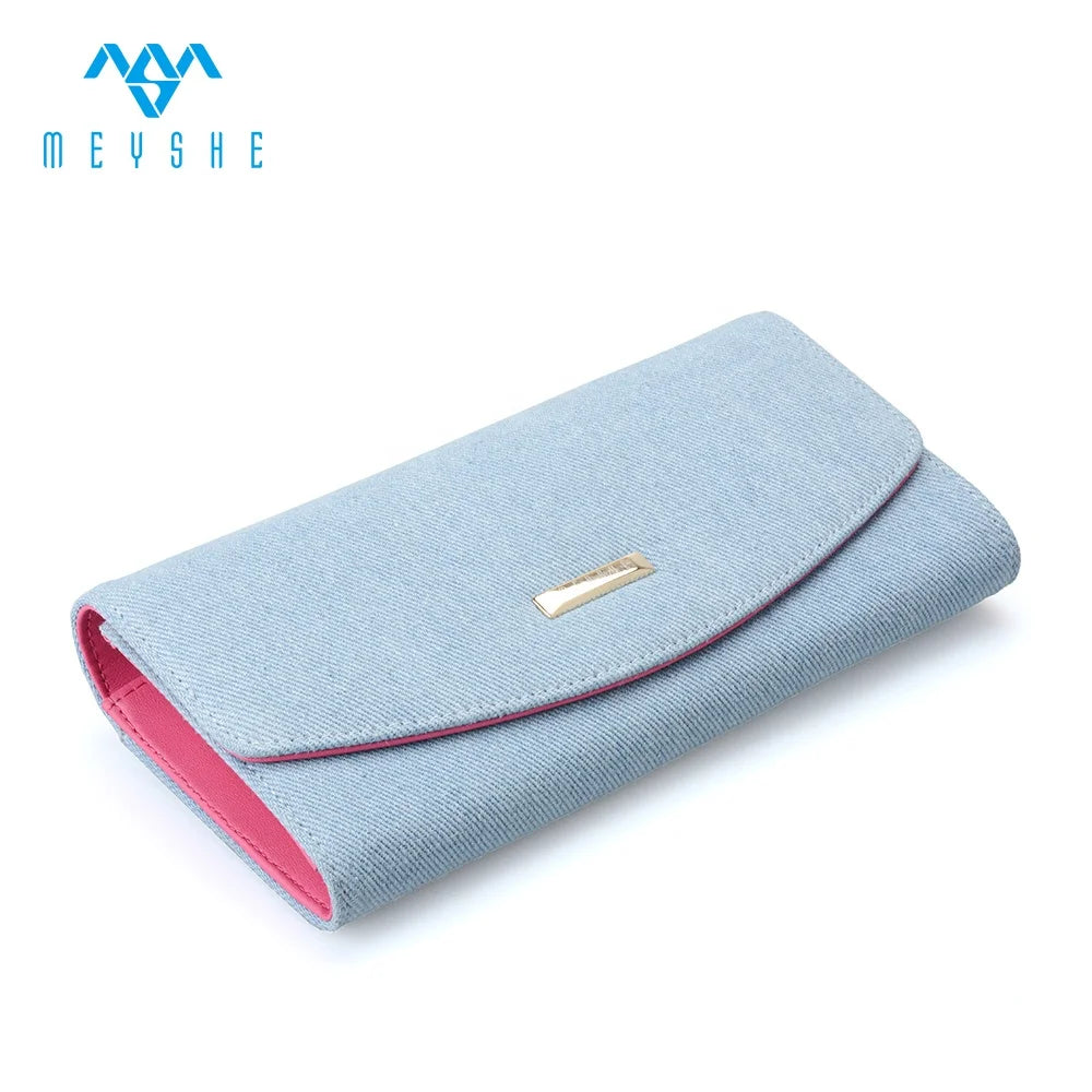 Denim & Microfiber Fashionable Women Long Wallet Luxury Card Holder Open Closure Thread Pattern RFID Blocking Cash Pocket