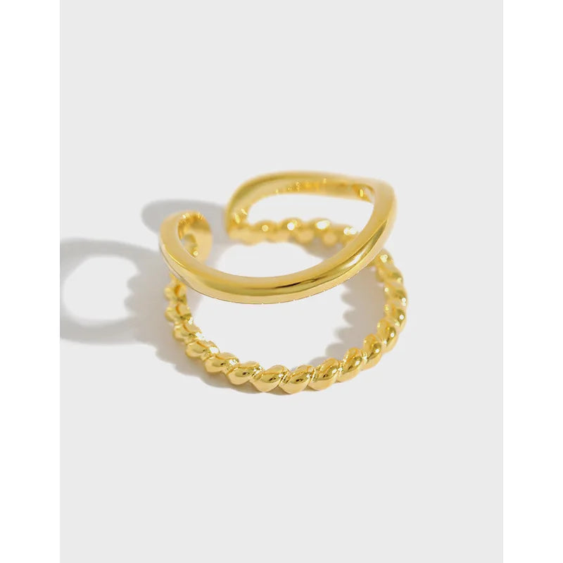 New Design 925 Sterling Silver Smooth Double Layer Twist Ring Gold Finger Rings for Women