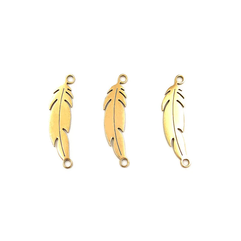 Fashion Stainless Steel PVD Gold Polished Feather Double Hole Pendant for Necklace Bracelet Accessories
