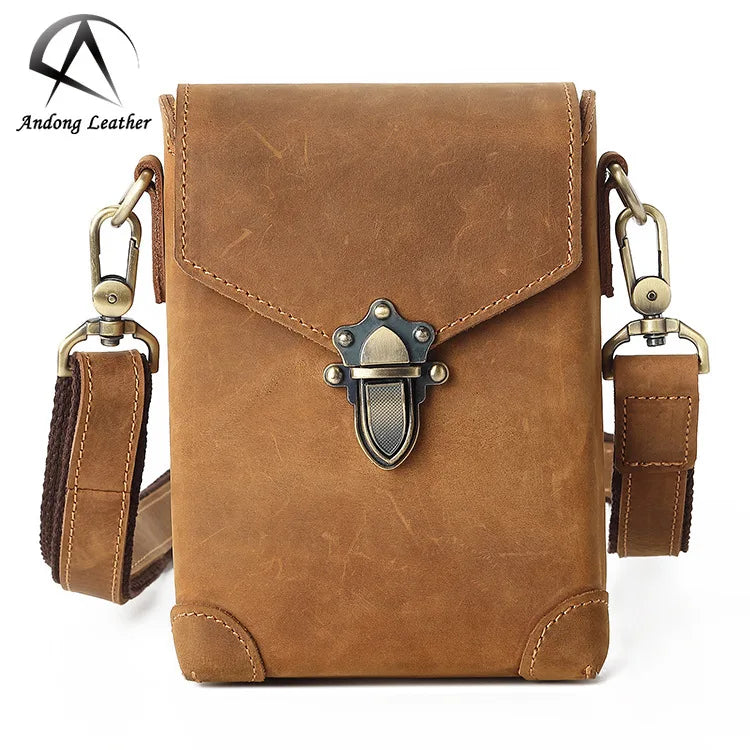 Andong Cowhide Men Belt Pocket Sling Bag Retro Crazy Horse Leather Shoulder Bags Casual Wear Waist Pack Card Holder Male