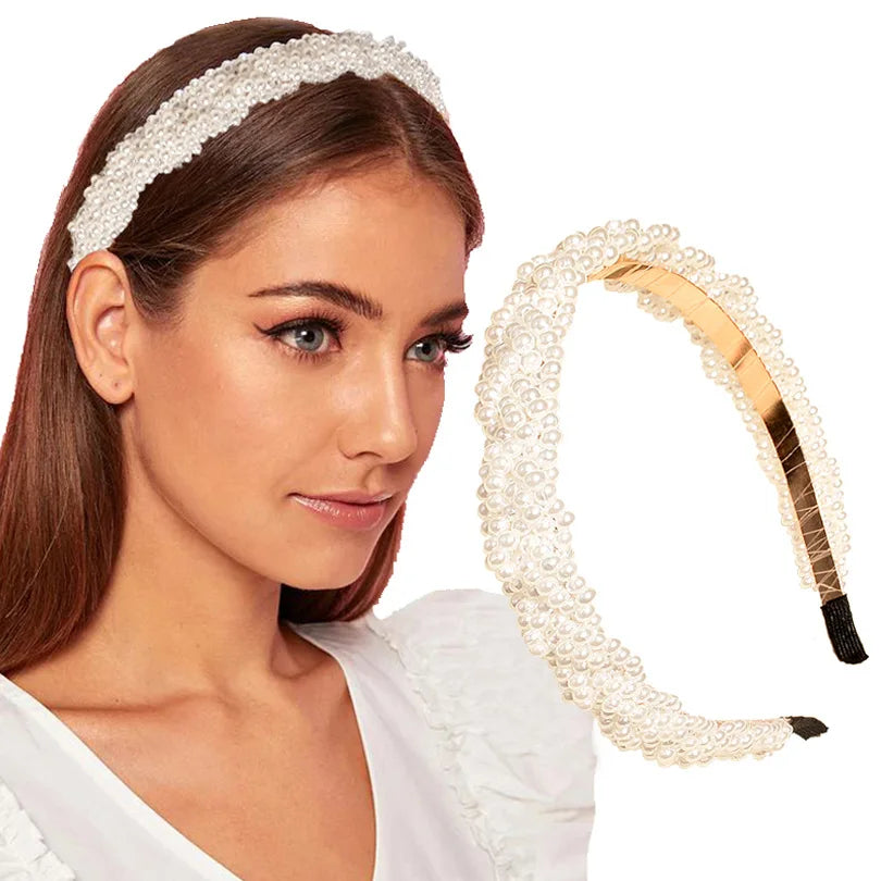 New Arrivals Pearl Cross Headband Adult 2cm Width Pearl Chain Beaded Headband
