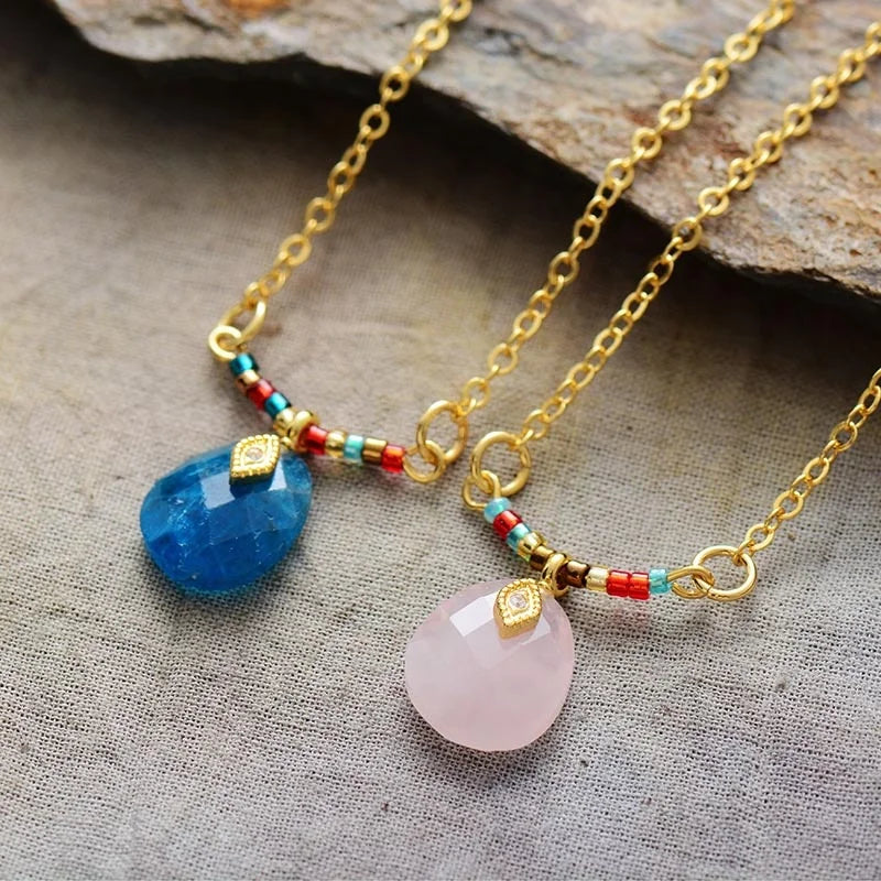 Trendy Gold-Plated Link Chain Necklace Natural Stone Rose Quartz Waterdrop Pendant Seed Beads Minimalist Breath Weddings Parties