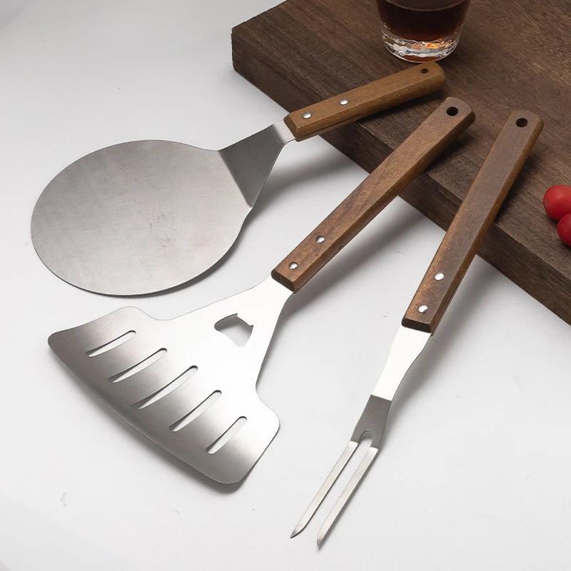 Wooden Handle Mini BBQ Spatula Set Meat Fork Stainless Steel  Pizza Peel Butter Spreader Kitchen Utensils Cooking Tool Sets