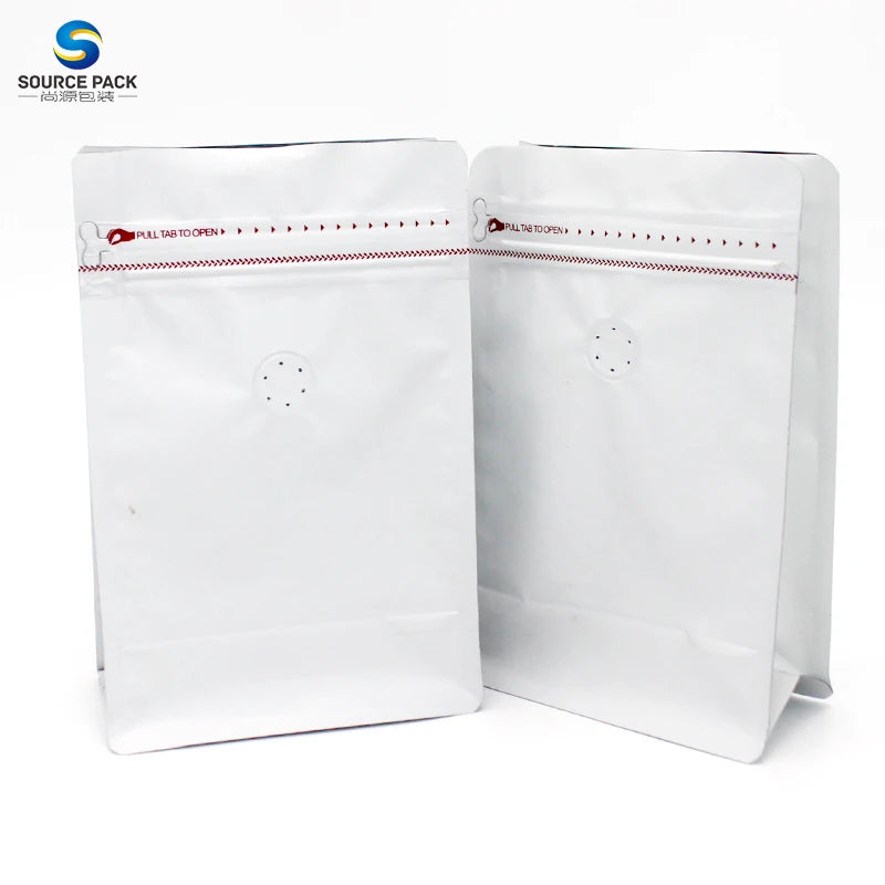 Custom Resealable 1kg 500g 250g Matt Flat Bottom White Plastic Aluminum Foil Pack Coffee Bag With Valve and Zipper