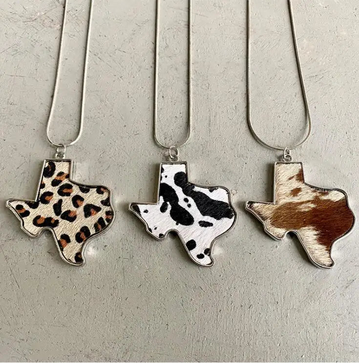 Bohemian Simple Texas Map Leather Necklace Leopard Cow Pendant Necklace Custom Map Necklaces