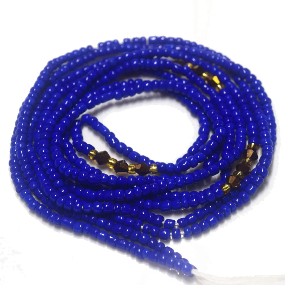 50 Inches Blue Glass Seed Beads Tie on Gold Crystal Waist Beads Belly Body Chain with Clasp Double Cotton String for Ladies