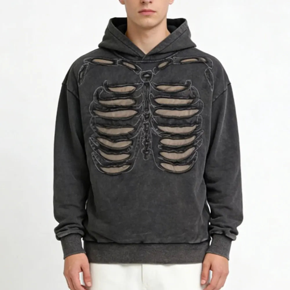Custom Oversized Heavy Jersey Washed Skull Bone Distressed Ripped Hoodie for Men
