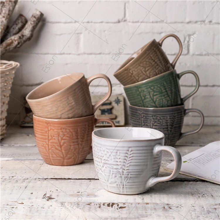 Wholesale Custom Nordic pink Glaze Embossed Flower Series 11oz Ceramic Coffee Mugs Stoneware Milk Tea Cups