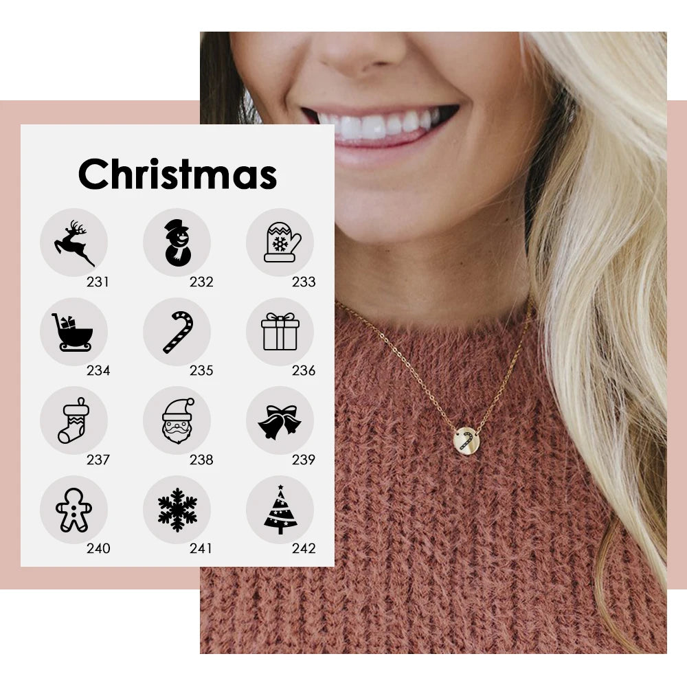 316L Stainless Steel 14K Gold Plated Custom 9mm Disc Pendant Engraved Christmas Tree Snowman Snowflake Reindeer  Necklace