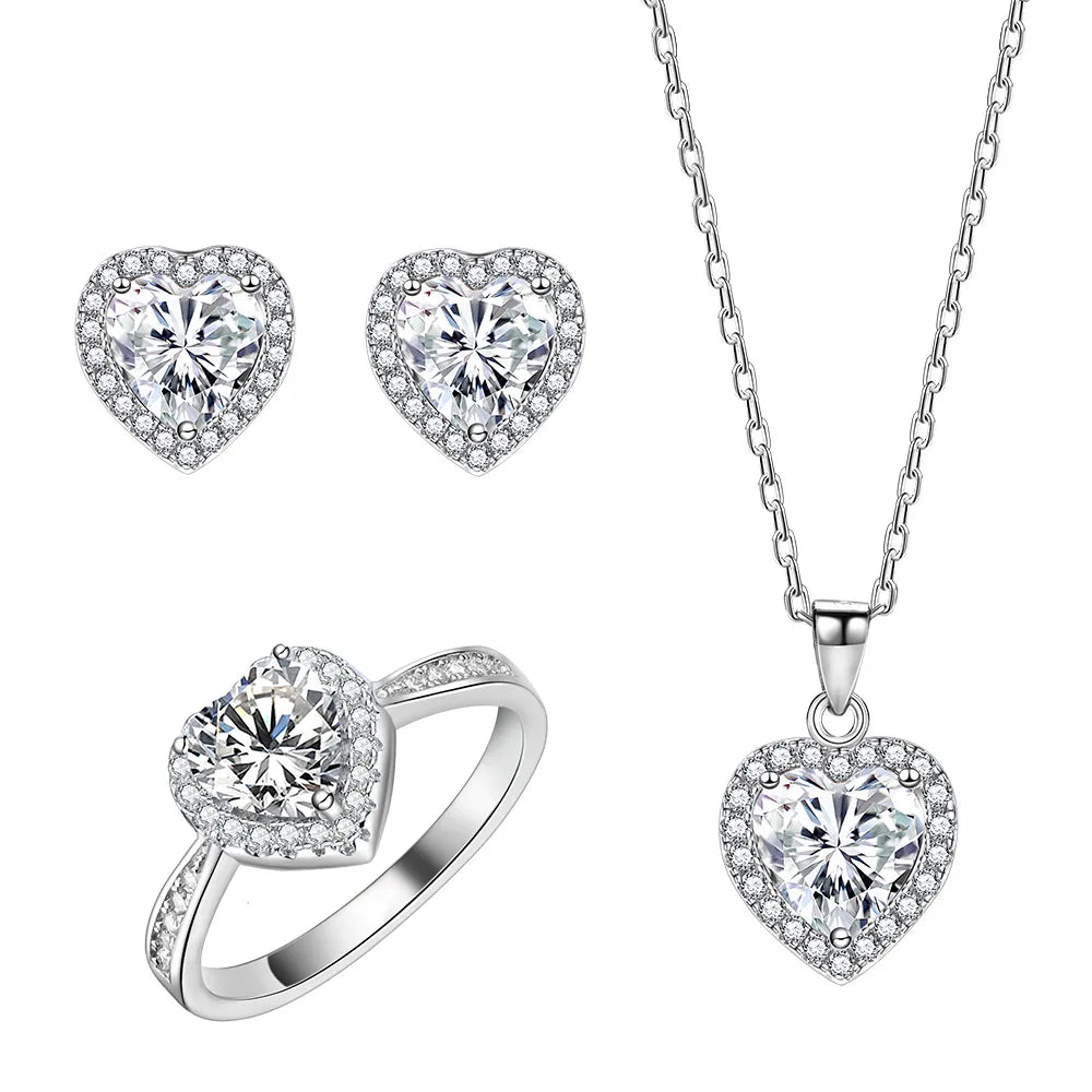 Wholesale Fashion Classic Simple Zircon Jewelry Set Women 925 Silver Heart Shaped Ring Necklace Stud Earrings Jewelry Set