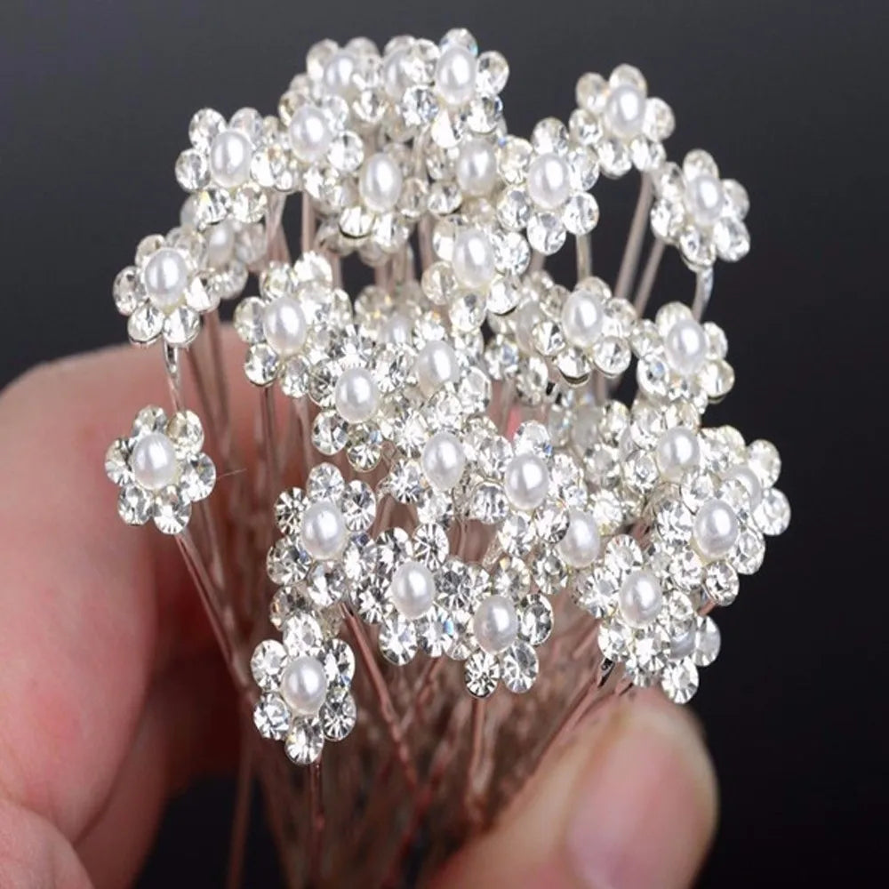 VKME 20Pcs Fashion Wedding Crystal Pearl Flower Clear Crystal Rhinestone Hair Pins Clips Bridesmaid Hairwear Hair Accessories