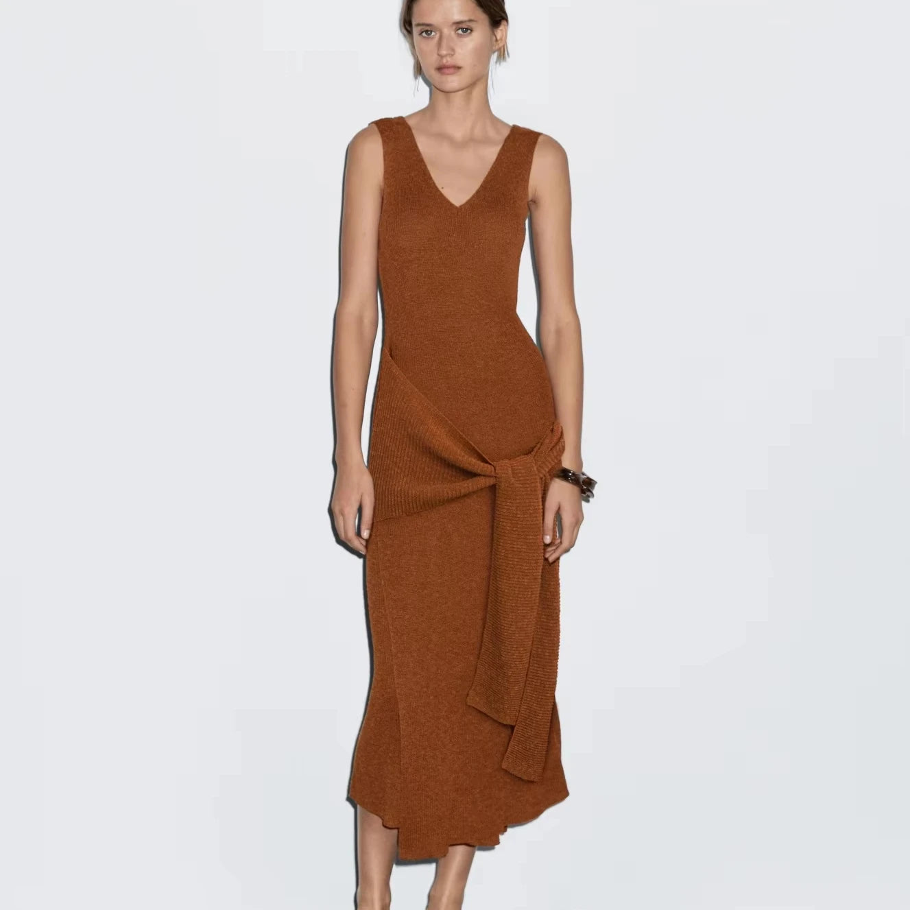 2026 Women's Crocheted Cotton Linen Draped Knit Maxi Dress Simple Plaid Pattern Sleeveless Tank Dress Natural Waistline Casual